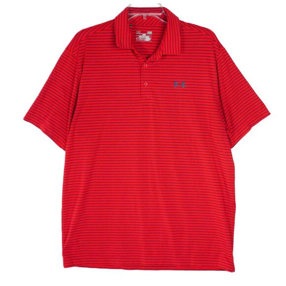 Under Armour Mens Size L Red Striped Golf Loose Polo Heat Gear Short Sleeve - Picture 1 of 9